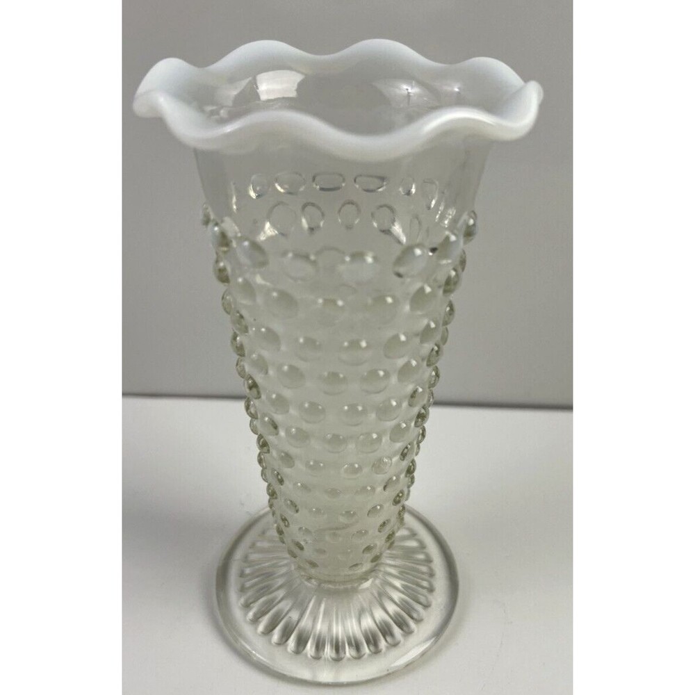 Anchor Hocking Moonstone Opalescent Hobnail Vintage Ruffled Flower Vase 5.75"